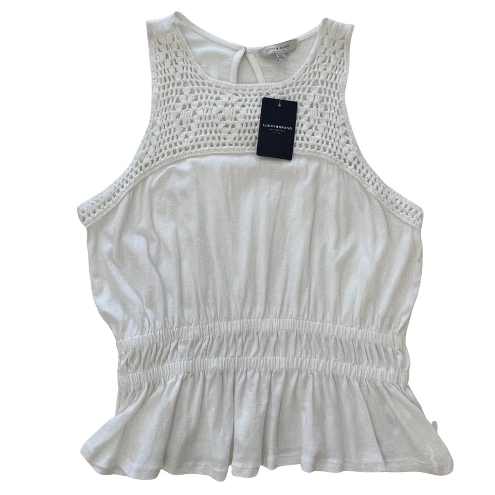 Lucky Brand Crochet Peplum Top Sleeveless Double Band Waist White XS 7WP6683 NWT - Picture 6 of 16